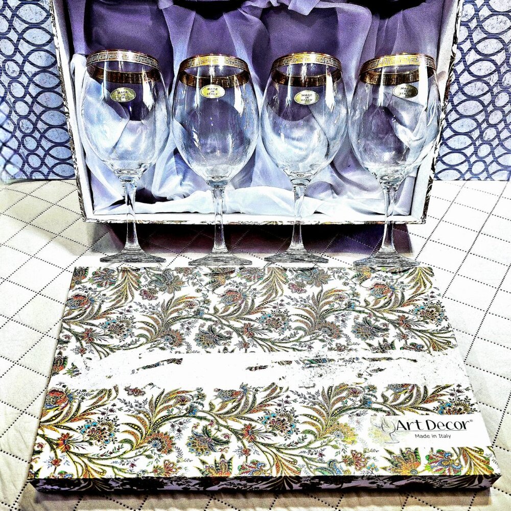 Vintage 1980s Italian Gold Rim Wine Glass Set 4 w Box Greek Key Bar